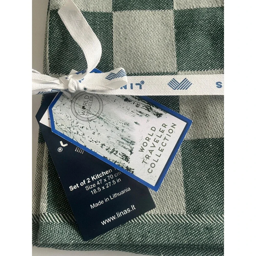 Linas World Traveler Kitchen Dish Towels Set of 2 Green Recycled Cotton Check